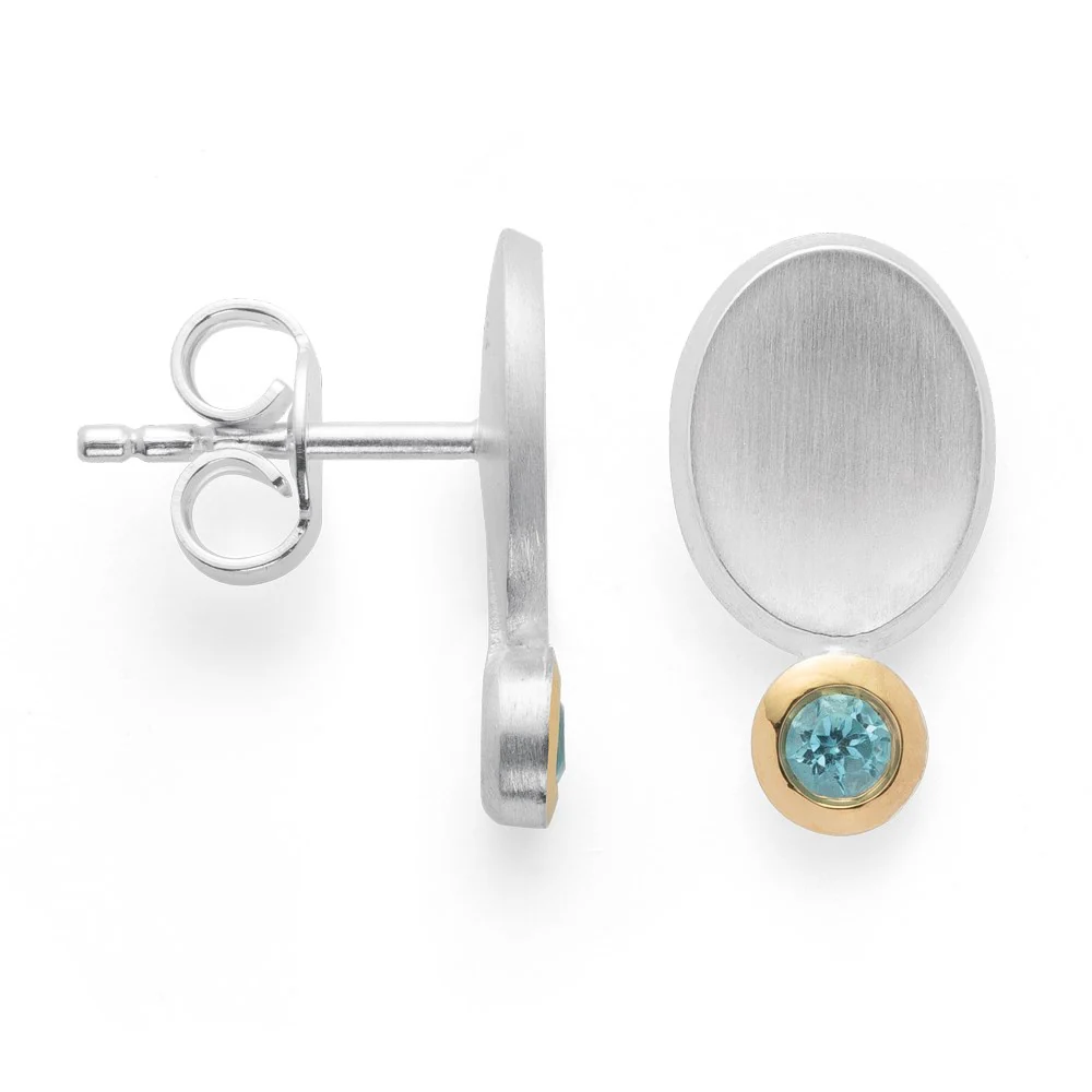 925/- Ørestikker, fg  mat/blank, blå topas 0,16ct
