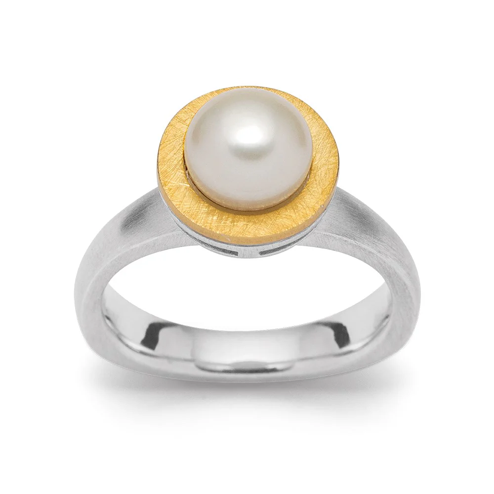 925/- Ring delvis fg, rho. mat/børstet, perle 2.66