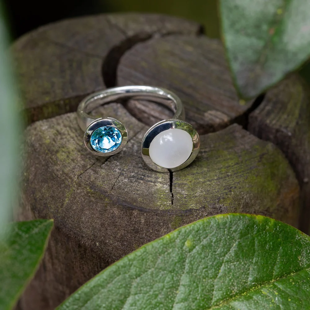 925/- ring mat/pol., blå topas, månesten - Image 3