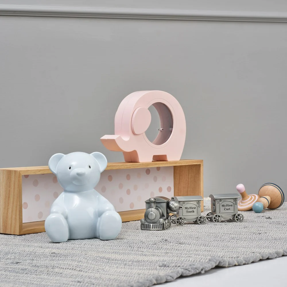 Lyseblå sparebøsse bamse m. graveringsplade - Image 2