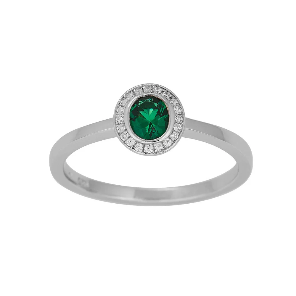 Rh. Sølv rosetring  synt. 4x 5mm Smaragd+cz