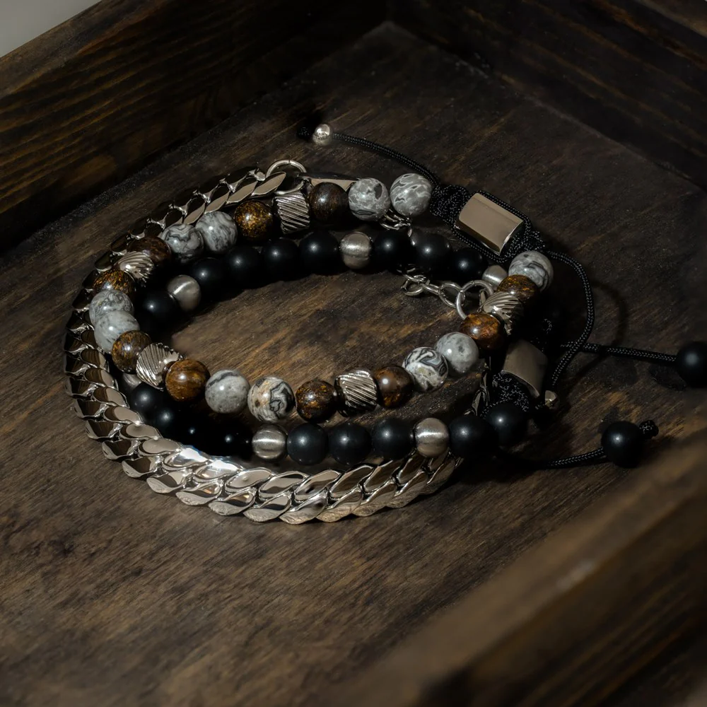 SON armbånd mat sort agate og stål - Image 3