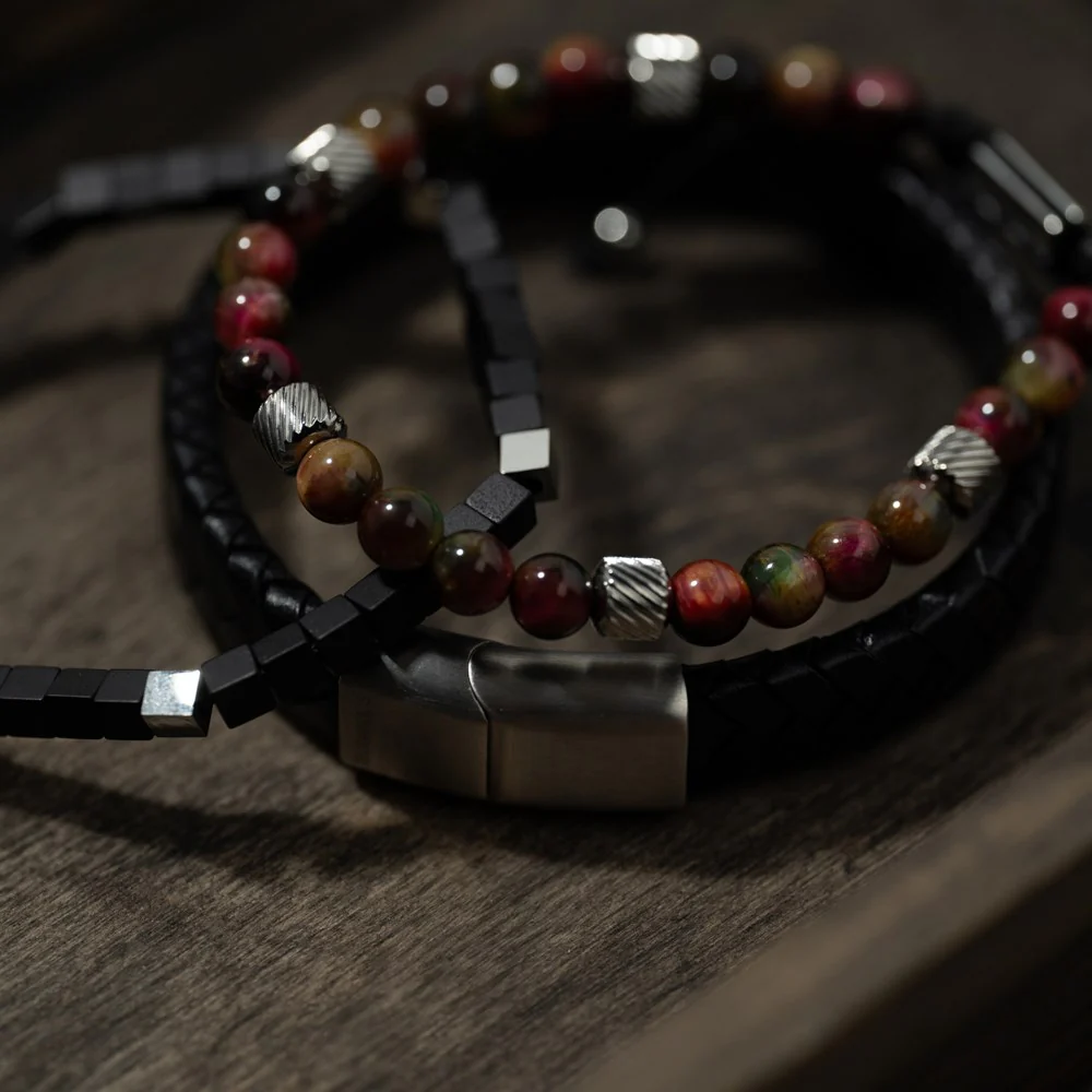 SON armbånd mix farve tigerøje og stål - Image 2