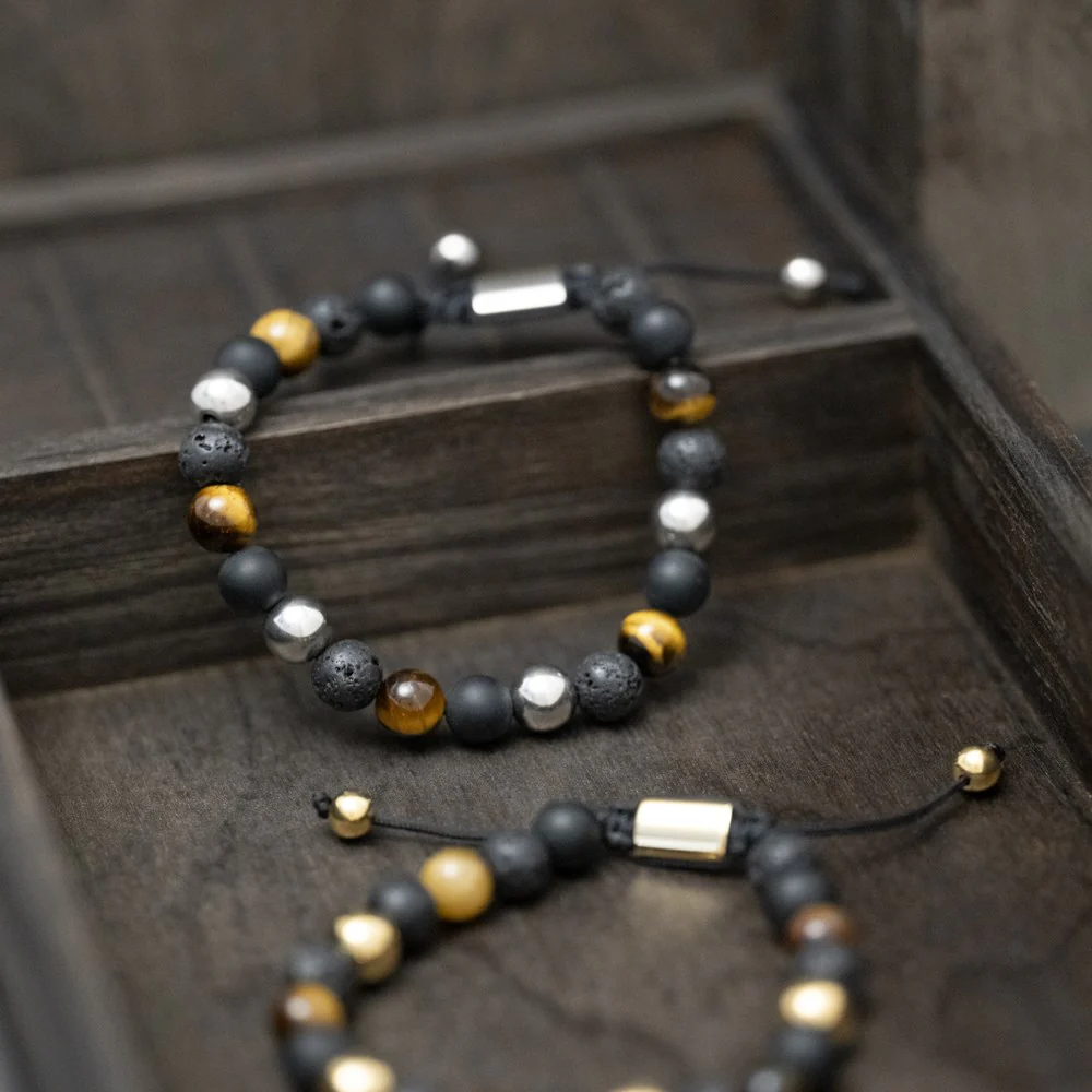 SON armbånd sort agate/lava/tigerøje og stål 8mm - Image 4